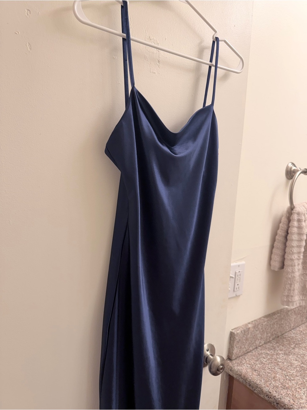 Elegant Navy Slip Dress with Cowl Neck